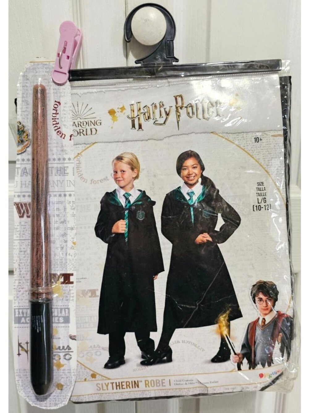 Harry Potter Slytherin Kids Costume 10-12 Robe Cloak Hogwarts and Draco Wand